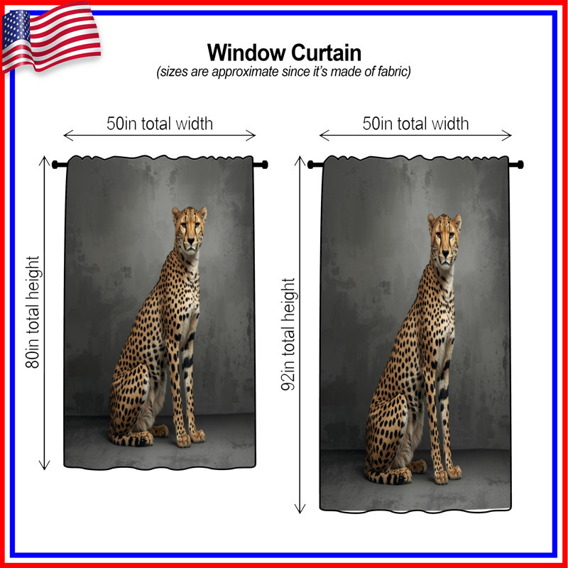 Cheetah Sitting Portrait Window Curtains, Cheetah Sheer & Blockout Curtains - 1 Panel, 50" x 80" - 1 Panel, Transparent