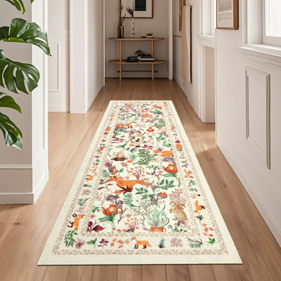 Animal Runner Rugs For Hallway 2X6ft, Non Slip Fantasy Kitchen Rug Washable, Soft Thin Jungle Fox Bedside Runners, Cute Woodland Accent Floor Carpet For Bedroom Hall Bathroom Laundry (Beige)