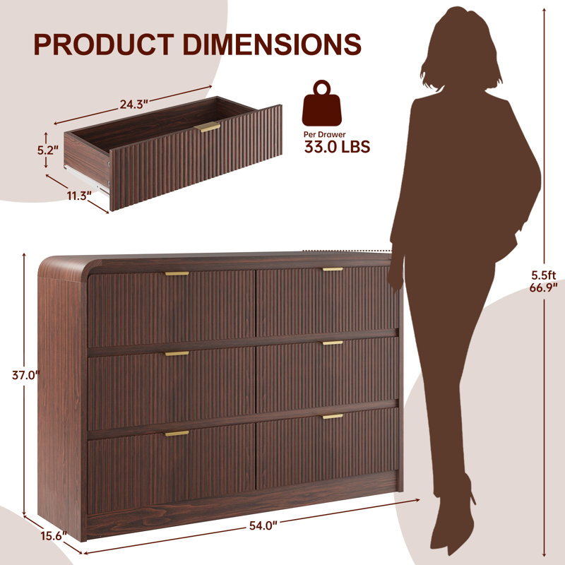 6-Drawer Dresser 54"W Double Dresser With Waveform Fluted Panel, Brown