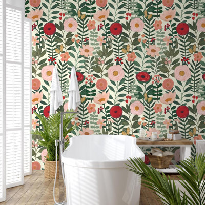 Floral Peel And Stick Wallpaper - Removable Self-Adhesive Wallpaper For Bedroom, Living Room, Nursery - Boho Floral Design, Easy To Install & Clean, Durable Vinyl Material