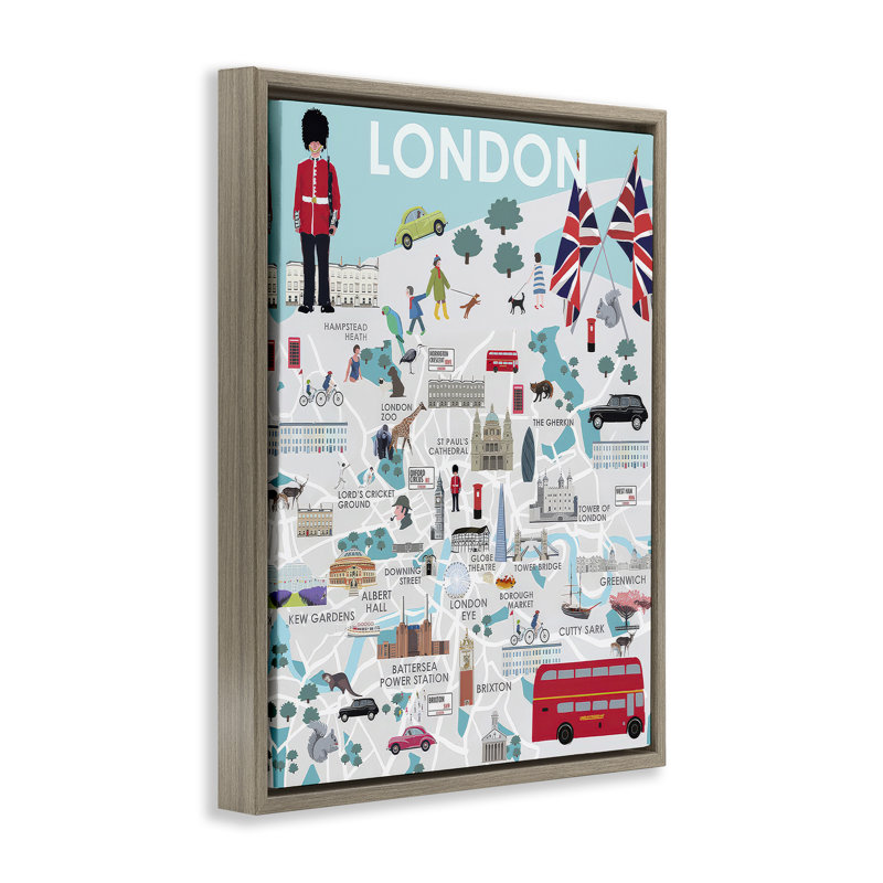 "London Landmark Map", art mural sur toile flottante par Betty Boynes, Cadre flottant orme Montalcino, H 21 po x l 17 po