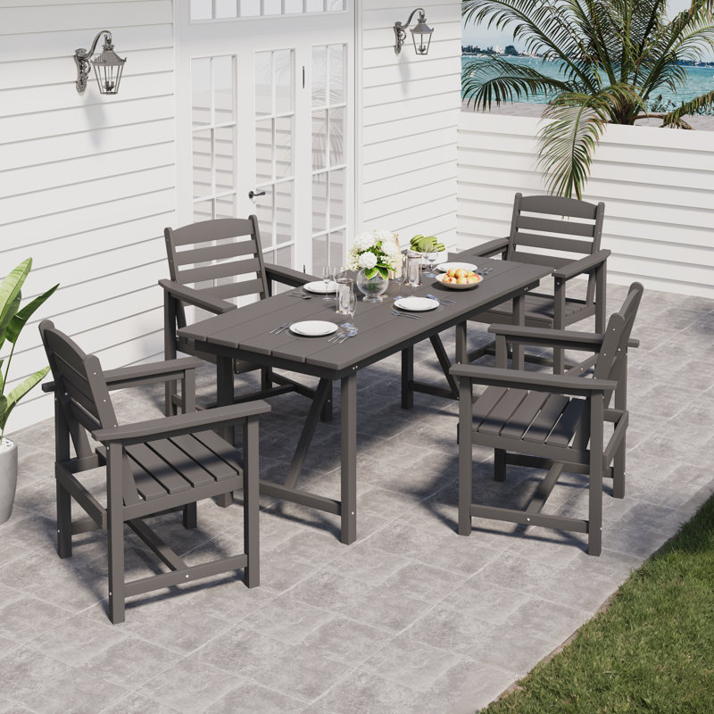 Gray 7-Piece Hdpe Plastic Patio Outdoor Dining Set  With Arm Chairs