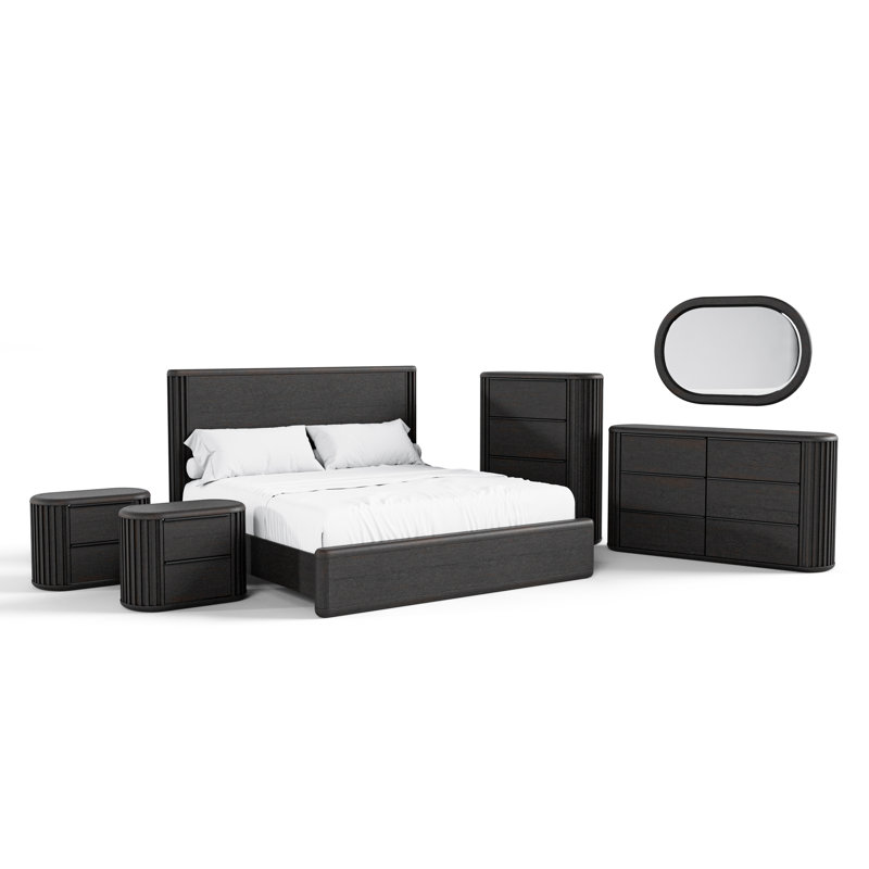 Ensemble de chambre à coucher à panneau Anatolja, King, Six articles : lit, deux tables de chevet, deux c