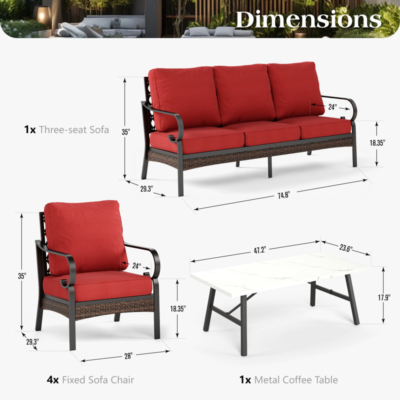 4 Piece Sofa Seating Group With Cushions, Red