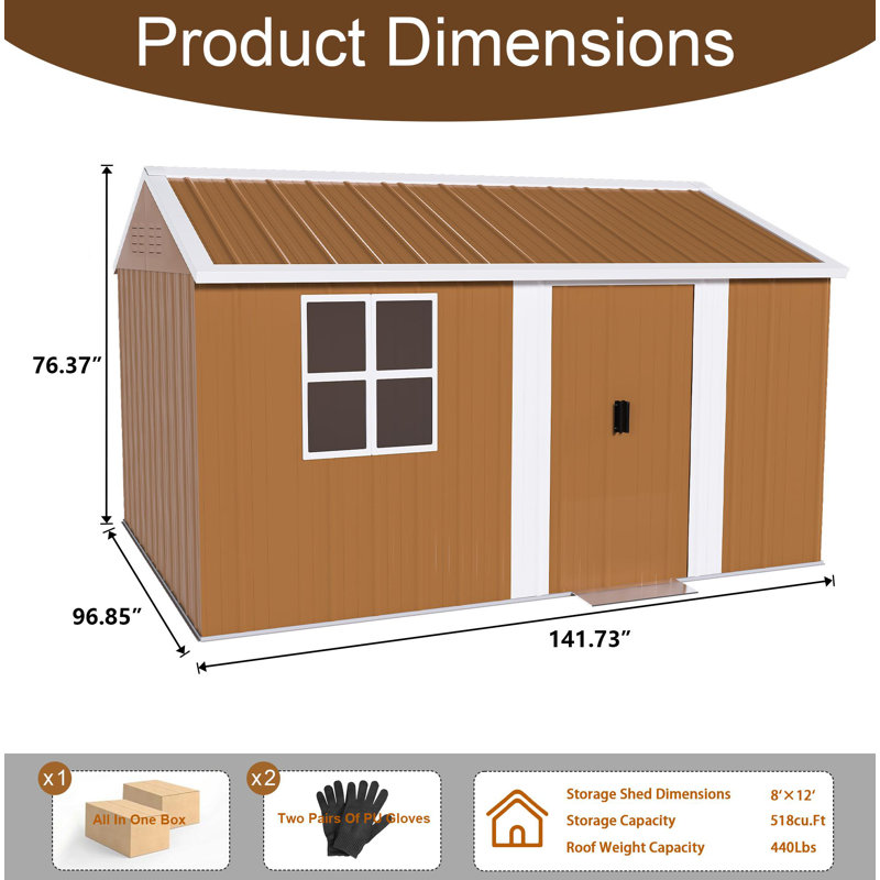 Remise de rangement en métal robuste 12 po x 8 pi avec fenêtres, porte verrouillable et ventilation