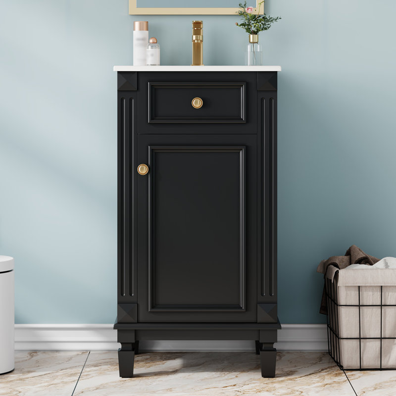 Meuble-lavabo simple autoportant de 18 po de largeur avec comptoir en céramique, charnières à fermeture en douceur et tablette réglable
