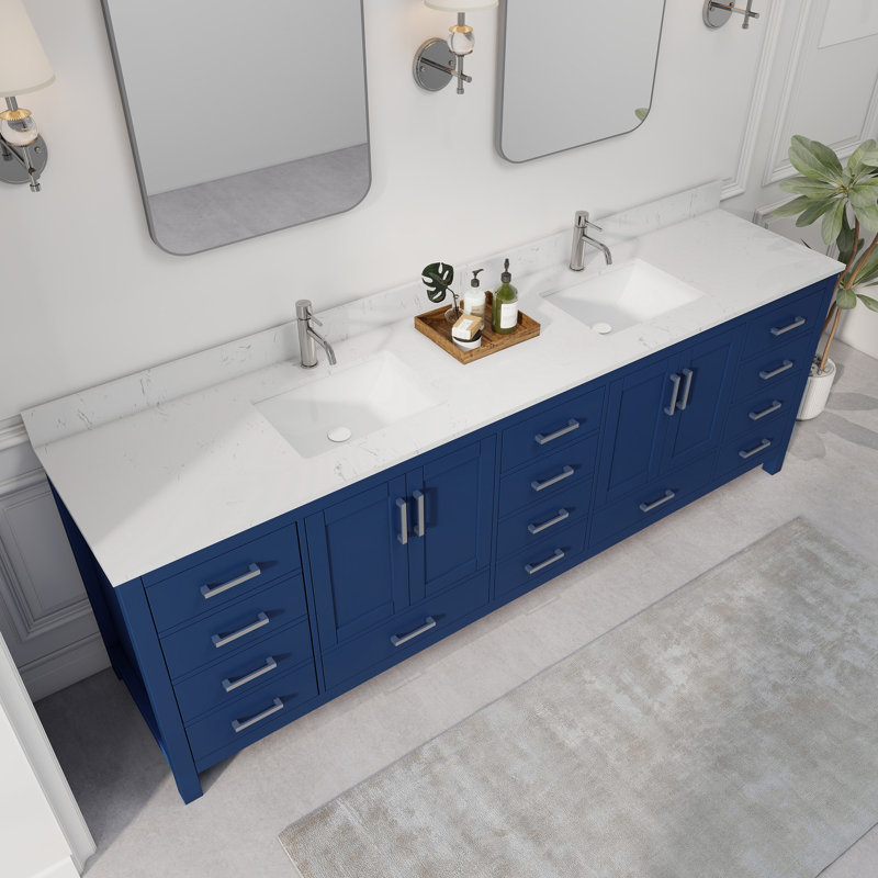 Meuble-lavabo double 96 po avec comptoir de 96 po entièrement assemblé avec comptoir en granite blanc et dosseret