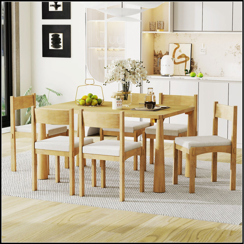 Ensemble de table de salle à manger 7 pièces pour 6 personnes, en bois massif avec chaises rembourrées pour la cuisine et la salle à manger