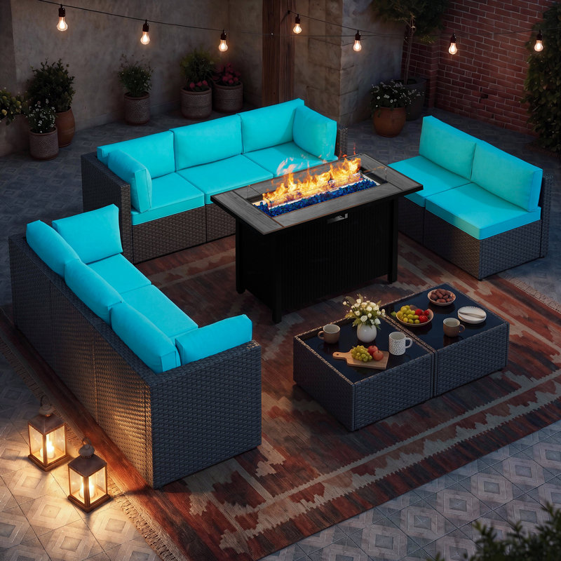 11-Piece Outdoor Furniture Seating Group with Fire Pit Table, Blue, Black