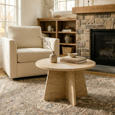 Travertine Look Round Coffee Table Small Modern End Table for Living Room