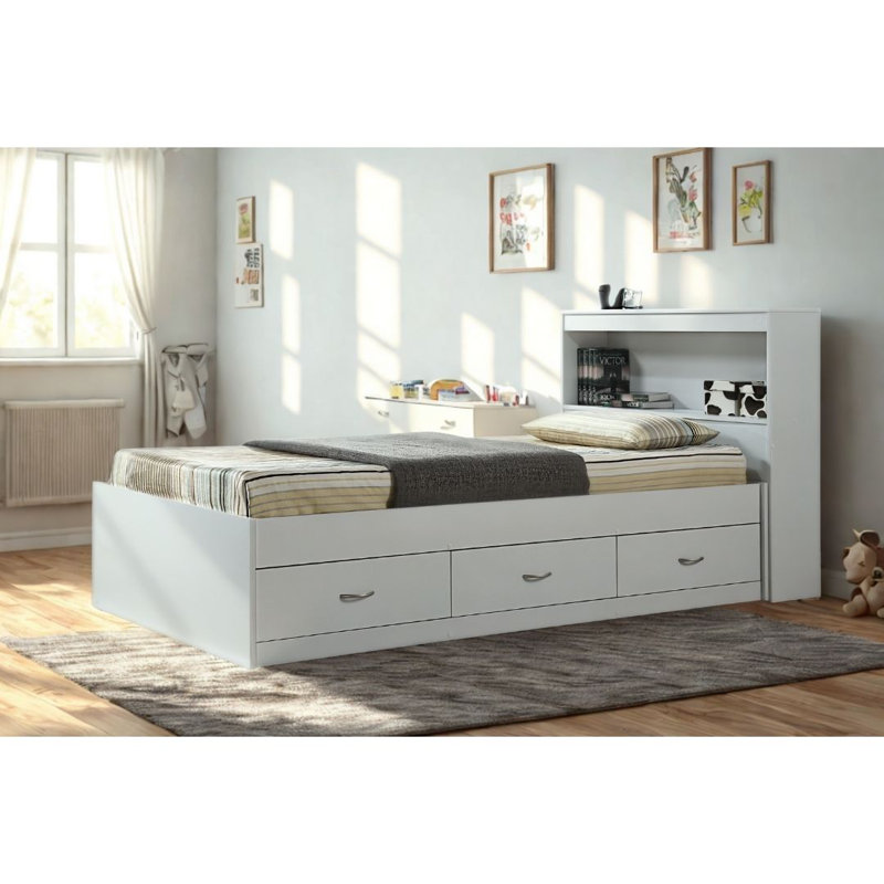 Lit plateforme simple avec tête de lit bibliothèque et 3 tiroirs pour les vêtements , Blanc