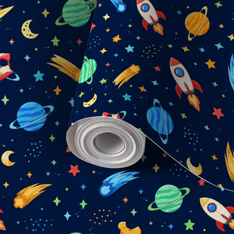 Papier peint adhésif pour enfants, papier contact, fusées spatiales colorées, planètes, étoiles, comètes, foncé, auto-adhésif et amovible 17,7 po x 118 po (45 x 300 cm)