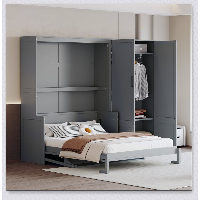 Grand lit escamotable mural avec placard, Gris
