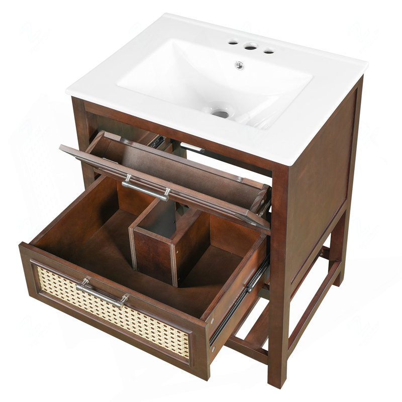 Meuble-lavabo de 24 po avec lavabo intégré en céramique, meuble-lavabo à 1 tiroir profond, 1 tiroir rabattable et meuble-lavabo simple pour petite et moyenne salle de bain