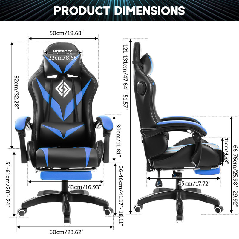 Hoffree Massage Ergonomic Gaming Chair with Bluetooth Speakers and RGB LED Lights, Blue/Black