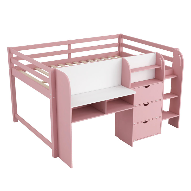 Lit mezzanine double en bois massif avec bureau intégré, armoires de rangement, bibliothèque, Rose