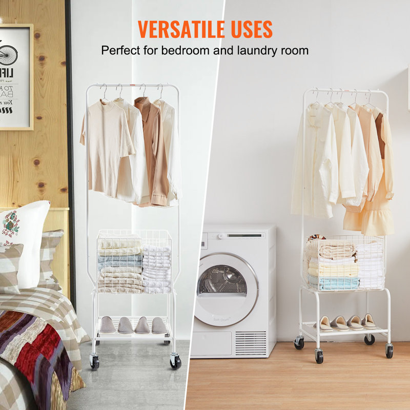White Metal Rolling Laundry Cart with Adjustable Hanging Rack