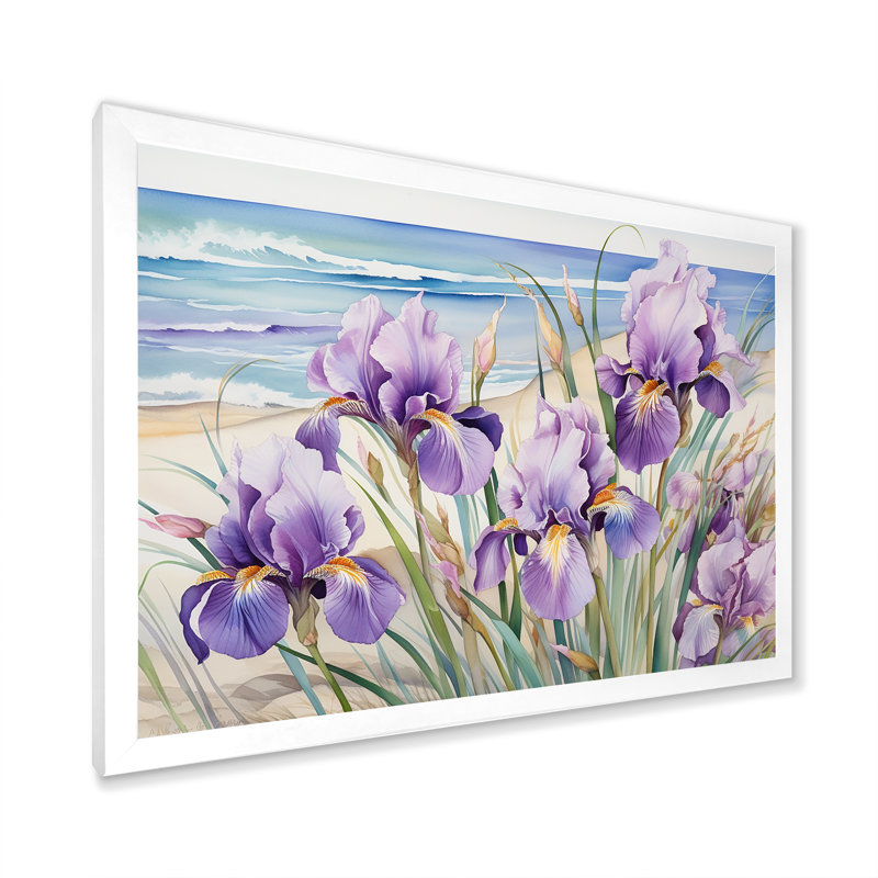 Iris mauves sur la plage sur toile, H 24 po x l 32 po x P 1 po, Cadre simple blanc