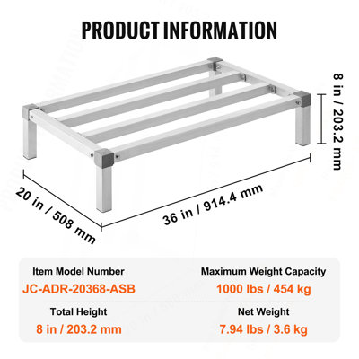 Support à fardage en aluminium, support à plancher commercial 36 x 20, support à 8 sur le plancher, support de rangement en aluminium entièrement soudé d'une capacité de 1000 lb, pour le rangement dans les restaurants, les cuisines, les garages et les véhicules