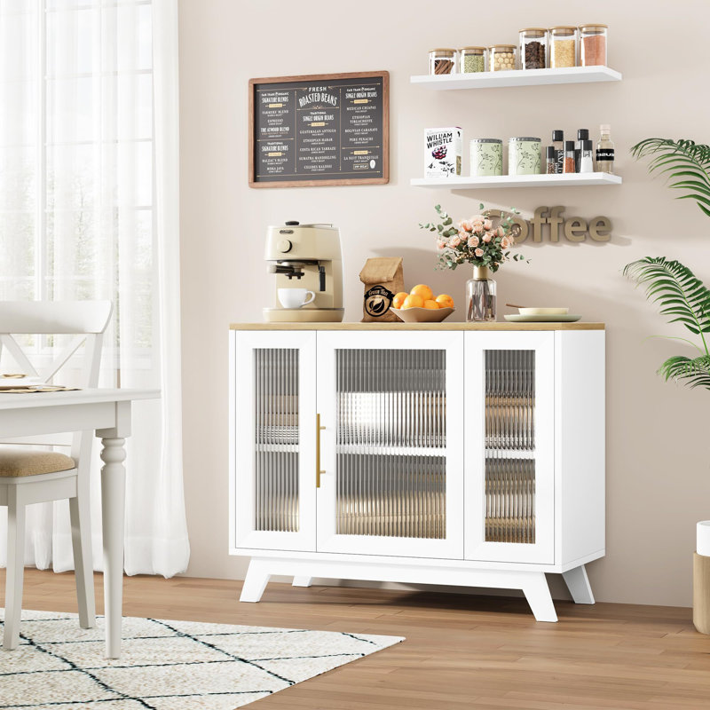 Buffet avec porte en verre cannelé, Blanc / brun