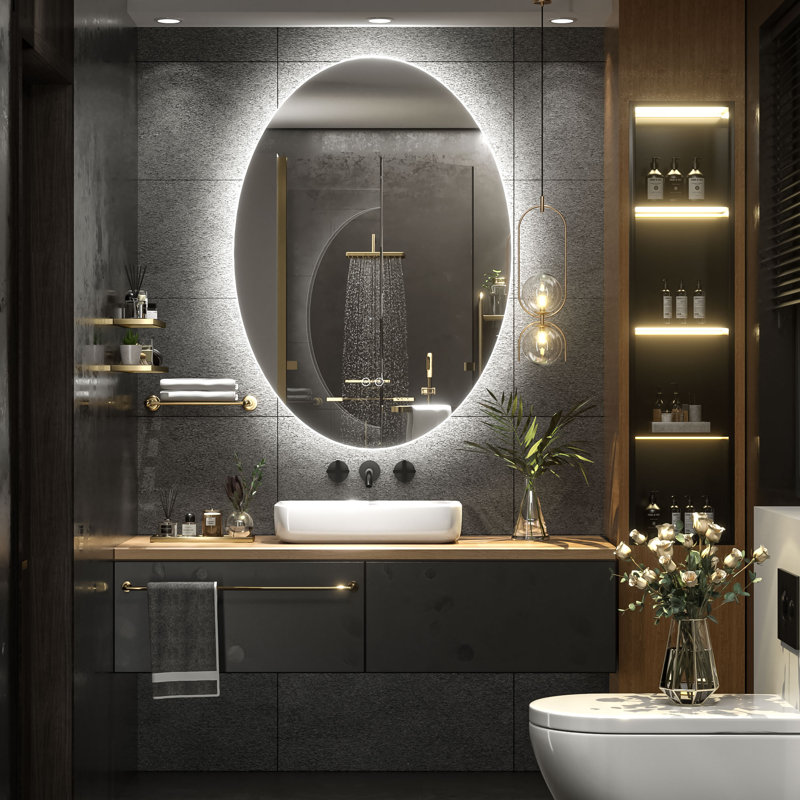 Miroir de salle de bain mural en verre trempé Molly, 36 po x 24 po, Ovale