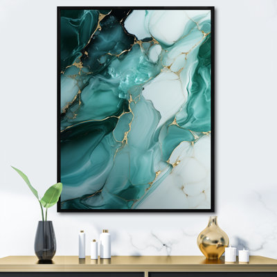 Gold and emerald marble ink flow - Abstract Marble Framed Canvas Print Wall Art