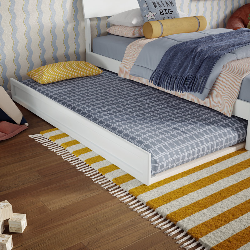 Norla Twin XL Wood Platform Bed with Footboard and Twin XL Trundle, White, Twin, White