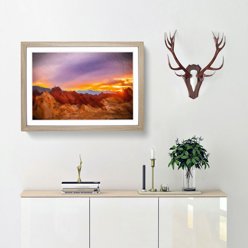 Sunset at the Valley of Fire - Picture Frame Painting Print, 36cm H x 48cm W x 2cm D, Oak Framed