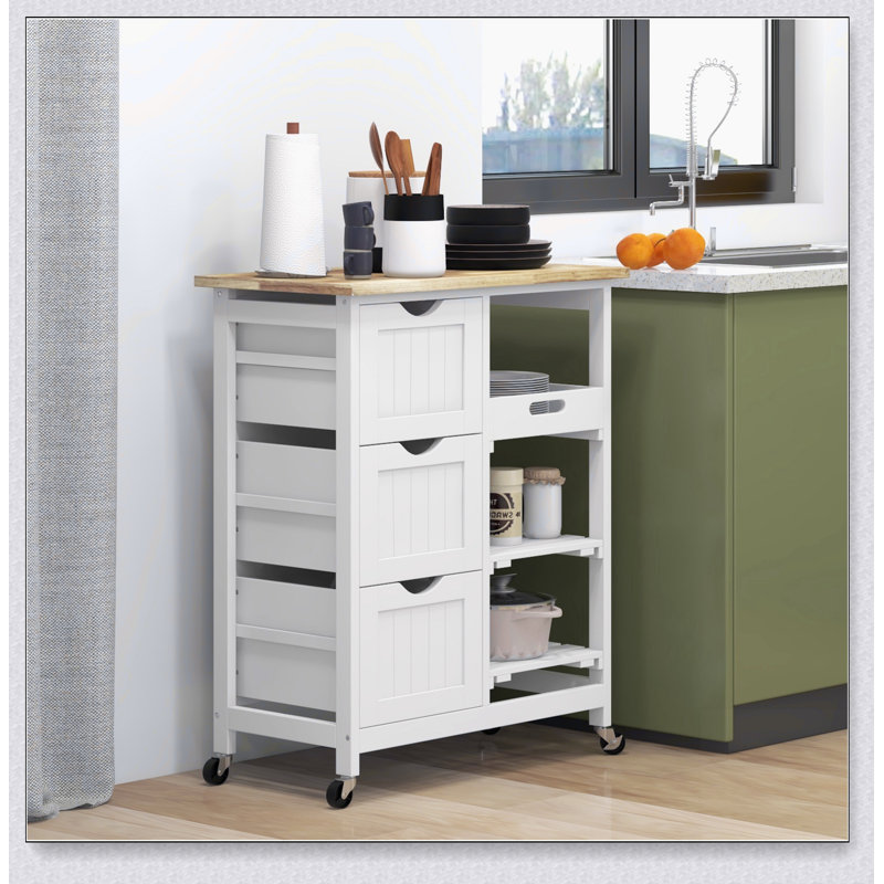 Rolling Kitchen Island Cart, Bar Serving, Drawers, White