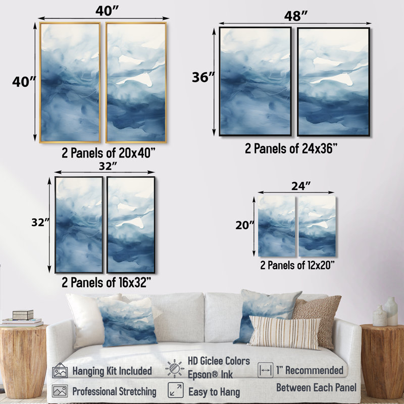 «Blue and White Dancing Watercolor Clouds», peinture abstraite surdimensionnée, art mural, H 20 po x l 24 po, Crème, crème
