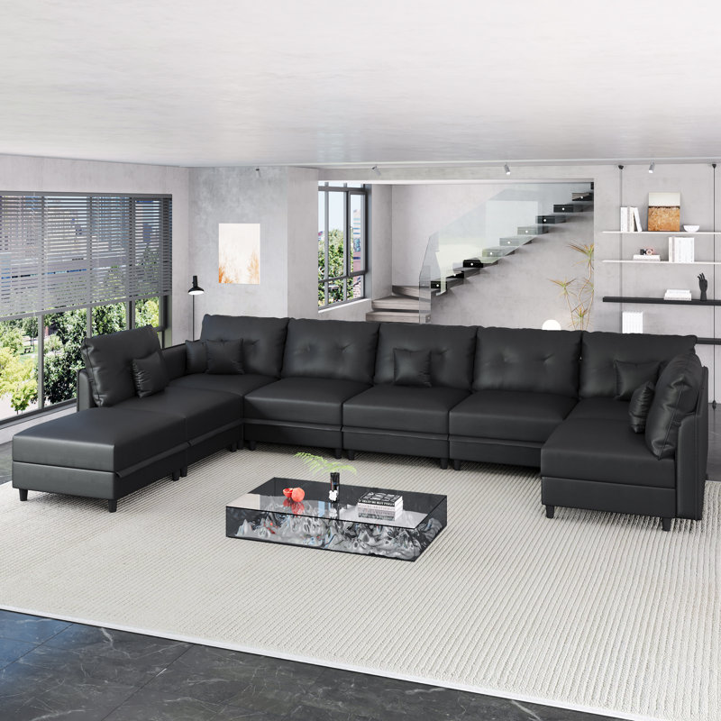 Zendajas 8 - Piece Upholstered Sectional Modular Sofa With Storage Ottoman, Black Faux Leather