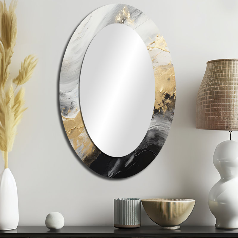 Gold And Black Soft Wave Fusion III - Abstract Oval Decorative Mirror On Metal, 36" x 24"
