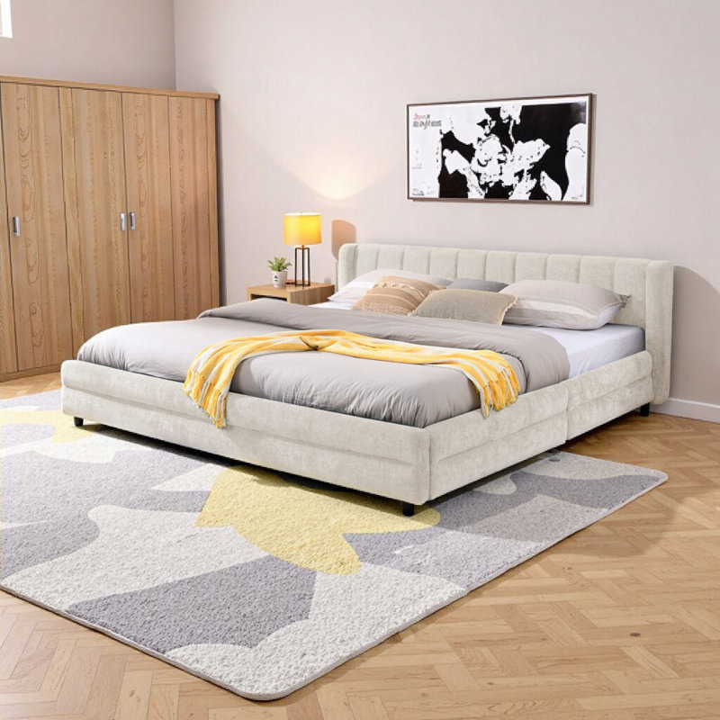 Structure de lit tapissier très grand avec tiroirs de rangement - Tissu chenille beige, conception plateforme moderne (l 86,5 po x L 84 po x H 29,5 po)
