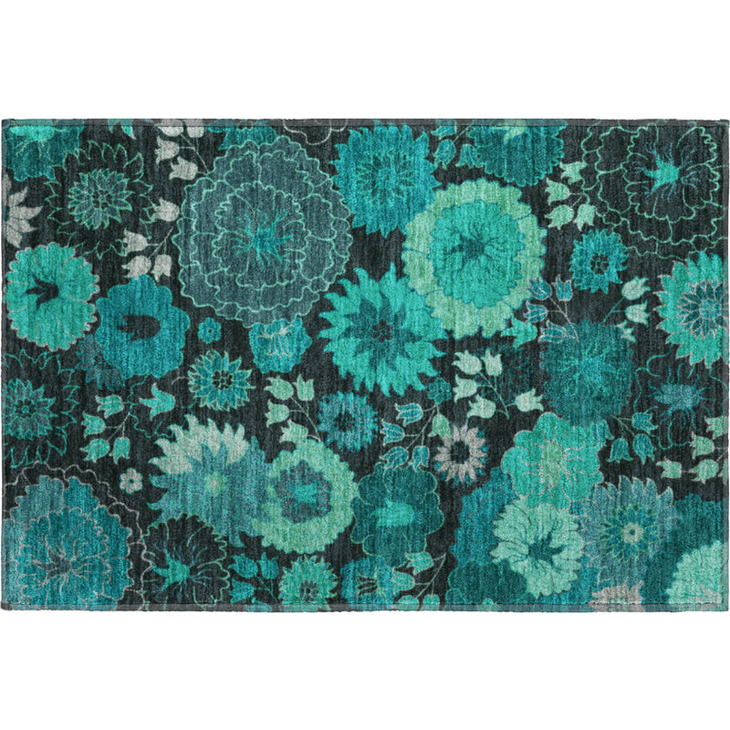 Tapis floral lavable à la machine de qualité supérieure Mayfield AMF2295, Bleu sarcelle, 1 pi 8 po x 2 pi 6 po