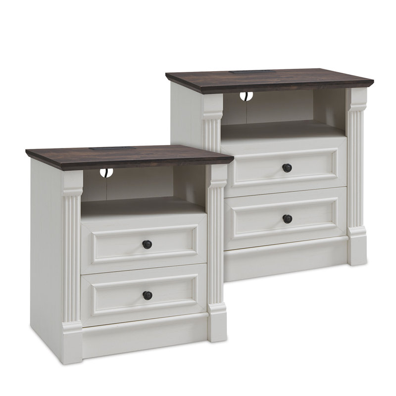 26" Tall Wood Farmhouse-Style End Table Set of Two, Sideboard with 2 Drawers and Charging Station, Open Shelving, Set of 2