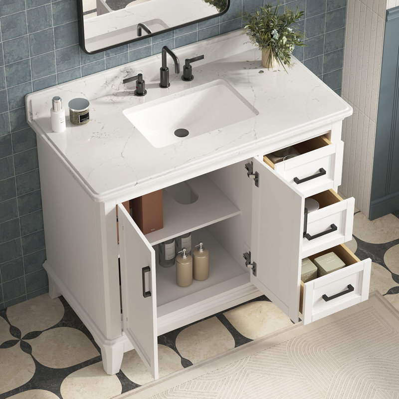 Meuble-lavabo sur pied simple 42 po avec comptoir en quartz Rawsonville, Blanc, 42"