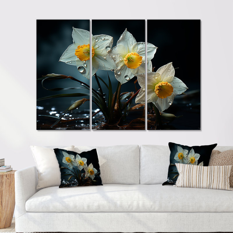 Daffy Daffodils At Sunrise I - Ensemble de décorations murales jonquilles, H 40 po x l 60 po x P 1 po