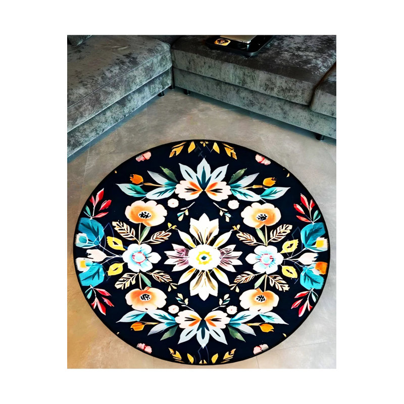 Multicolored Flower And Leaf Pattern Woven Base Modern Decorative Carpet, Round 3'4"