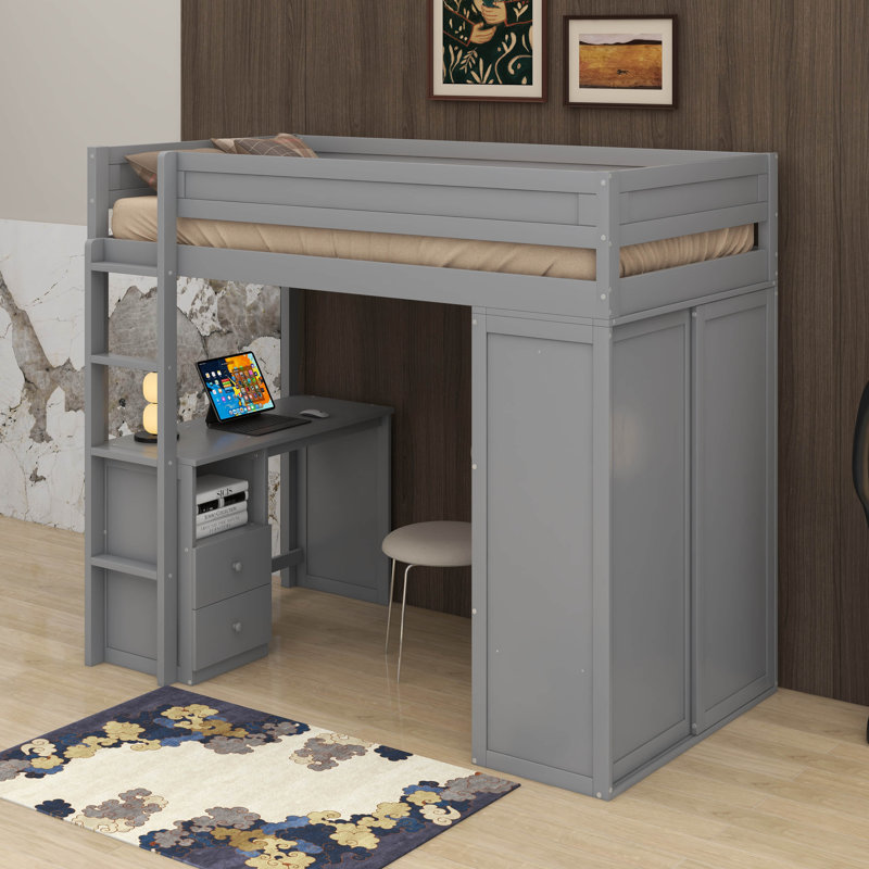 Lit mezzanine avec placards et bureau, Gris, Lit simple