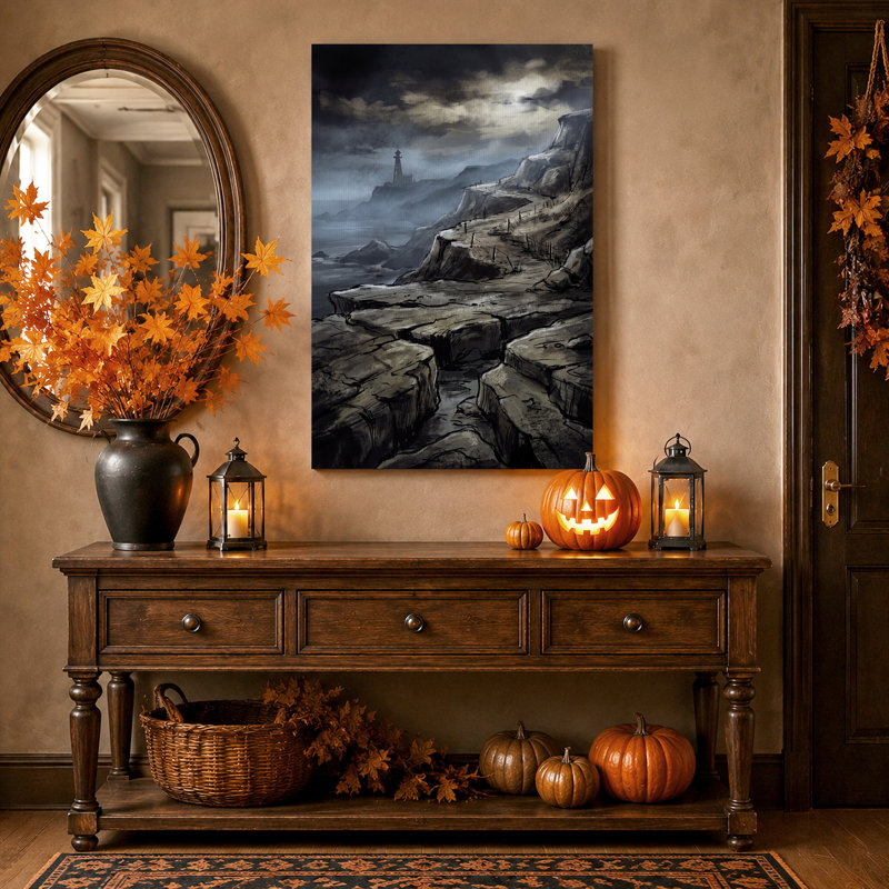 Art sur toile, "Phare noir sur chemin de falaise rocheuse sous Halloween", 24"H x 18"W