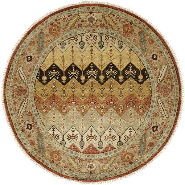 Tapis brun / doré en laine noué à la main Chevron, Carré 10 pi
