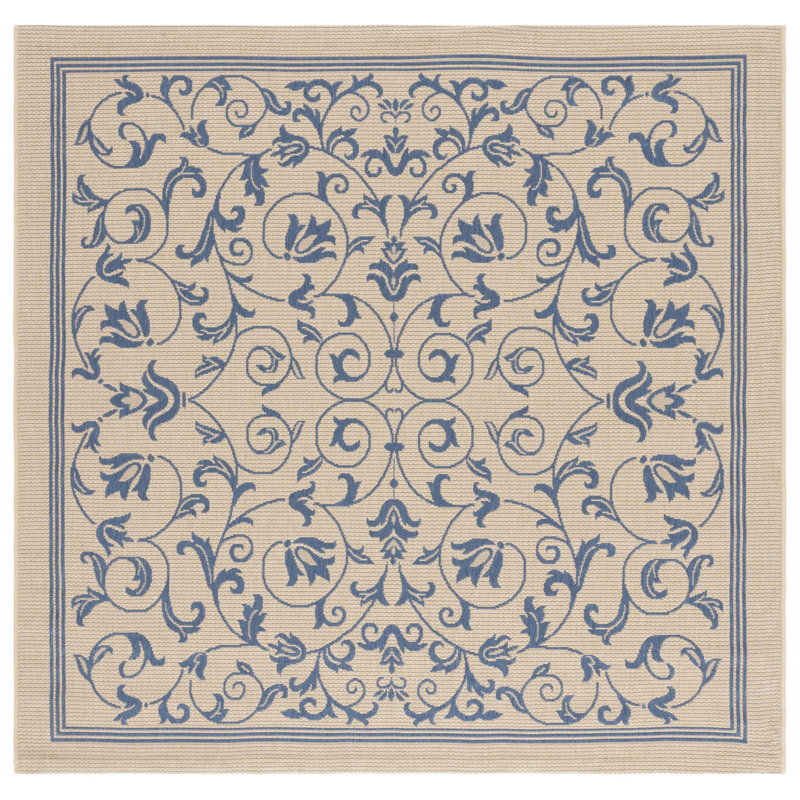 Arneshia Floral Tan/Blue Indoor/Outdoor Area Rug, Square 6'7"