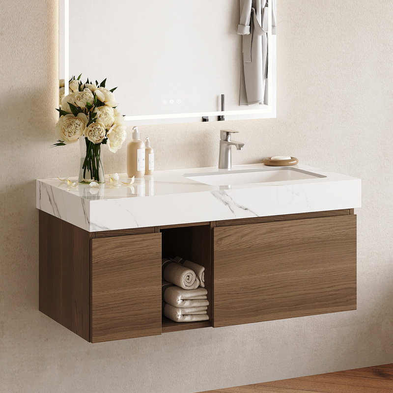 Meuble-lavabo 36 po en noyer avec lavabo, meuble-lavabo simple en bois moderne avec rangement, meuble de salle de bain de conception minimaliste avec drain
