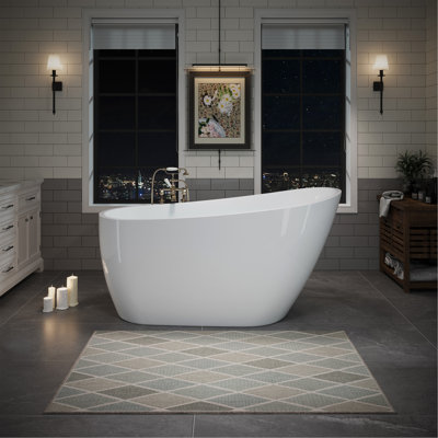 55" Acrylic Freestanding Bathtub, Stylish Deep Soaking Bathtub With Pop-Up Drain & Integrated Overflow Contemporary Stand Alone Bath Tub For Bathroom Spa Or Home Upgrade, Glossy White
