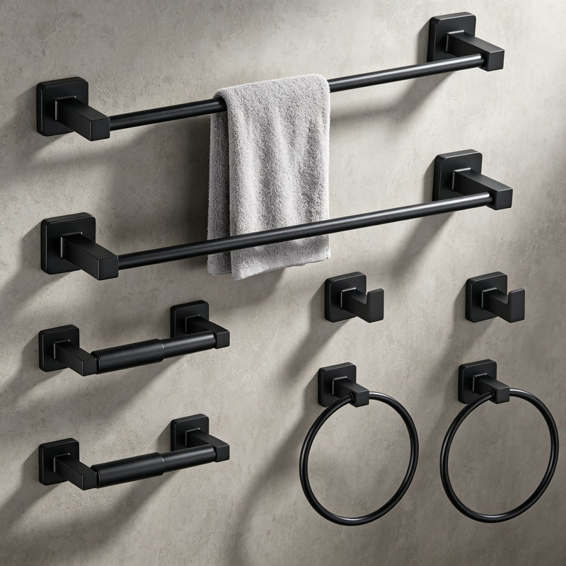 Ensemble de quincaillerie de salle de bain 8 pièces noir mat - Ensemble de porte-serviettes mural en acier inoxydable avec anneau à serviette, crochets à peignoir, porte-papier hygiénique - Accessoires de salle de bain durables et antirouille