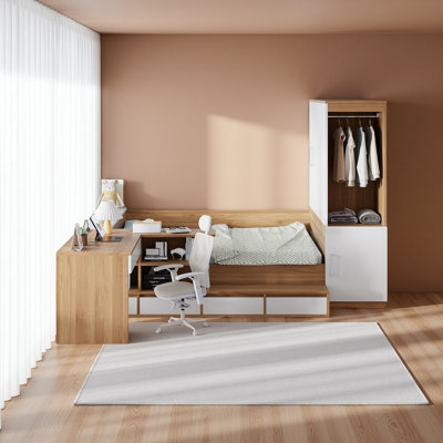Lit plateforme double en bois avec 6 tiroirs, tablettes, bureau et garde-robe