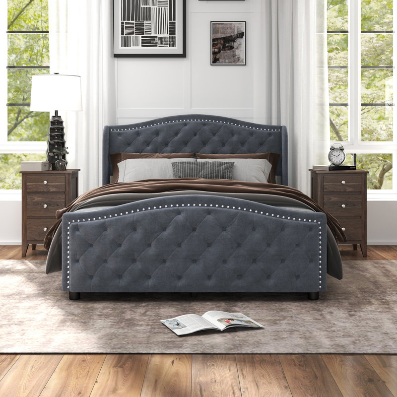 Kassaia Velvet Platform Bed with Tufted Headboard