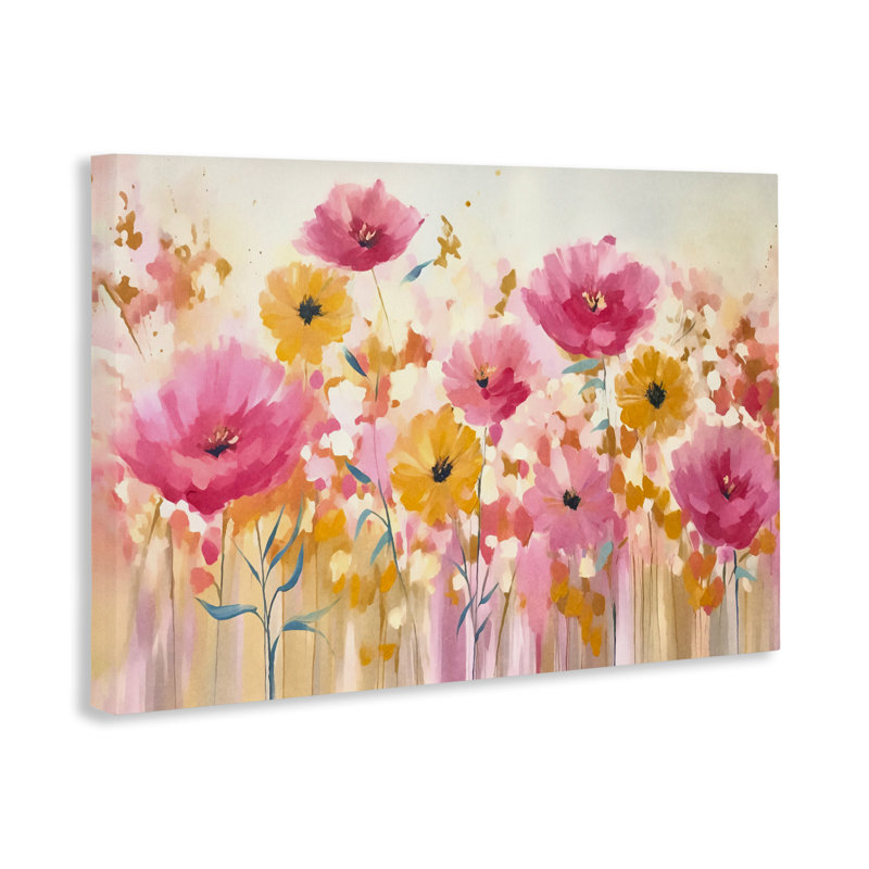 Blooming Whimsy rose et toile jaune, design par Andrea Haase, H 20 po x l 30 po