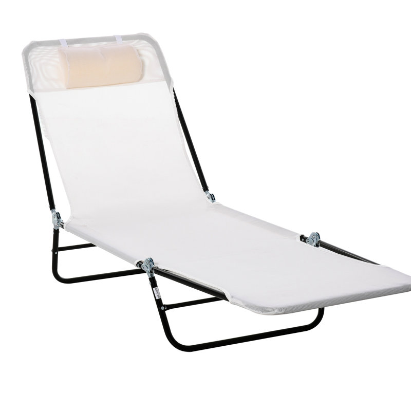Cream White Sunbathing Lounge Bed. Foldable Outdoor Chair With Reclining Feature. Breathable Mesh Seat And . Adjustable For Optimal Sun Exposure. Lightweight Transportable. Steel Construction. Ideal