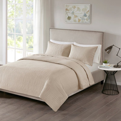 Ensemble de courtepointe pour lit très grand / très grand de 3 pièces en kaki - carreaux carrés, courtepointe rembourrée, 2 taies décoratives, facile d'entretien, simple